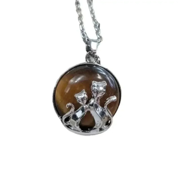 Cats Eye Mother and Baby Cat Necklace with Natural Stone Center Stainless Steel - Picture 1 of 9